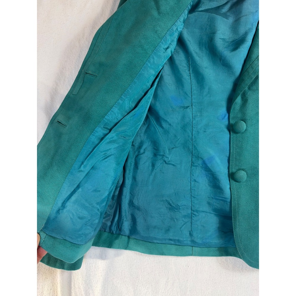 Vintage Teal Faux Suede Skirt Suit Set Blazer & Midi Skirt Green 2 Piece - Picture 5 of 16